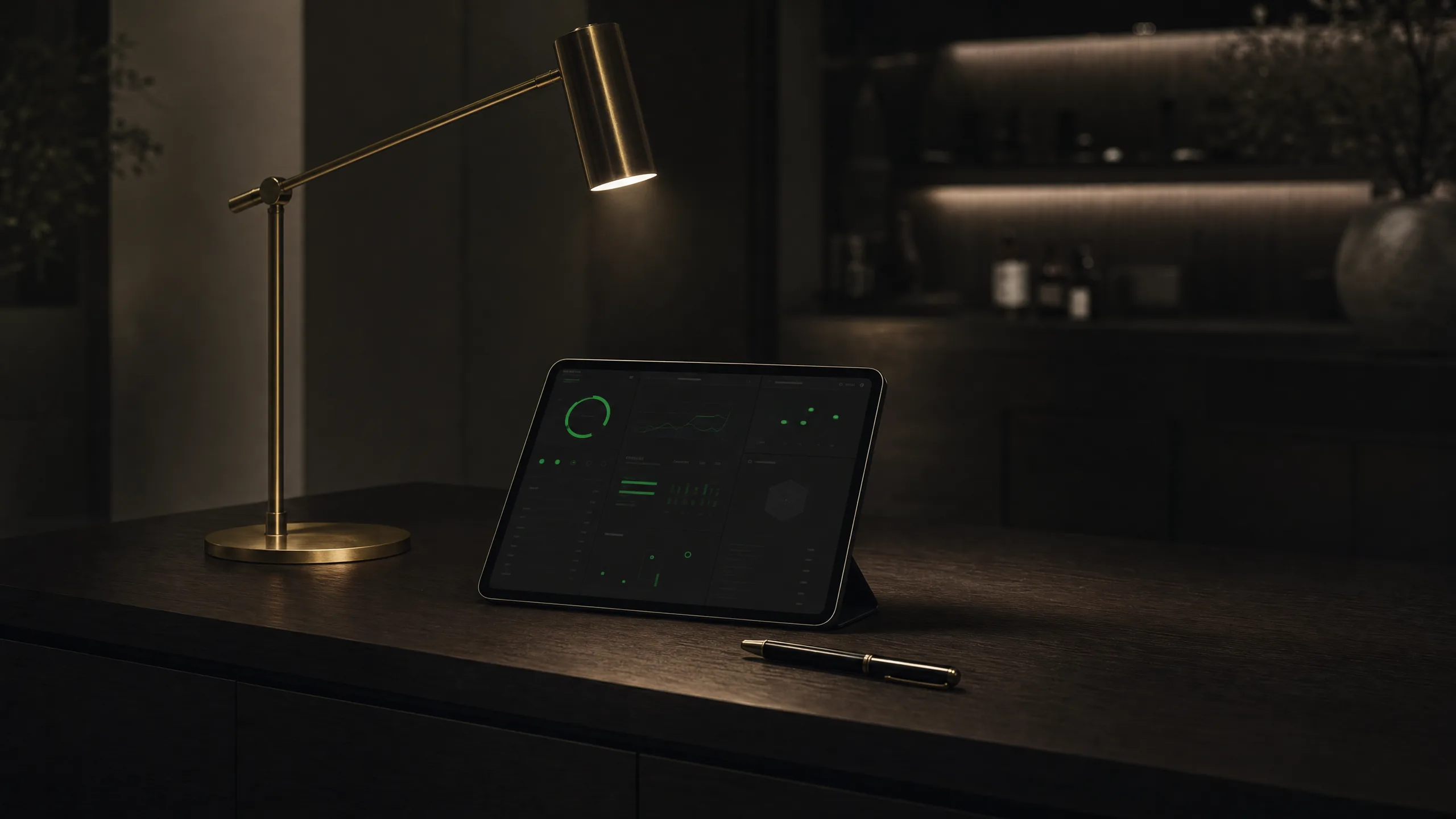 Premium practitioner workspace with dark wood desk, brass lamp, and tablet displaying abstracted clinical dashboard.